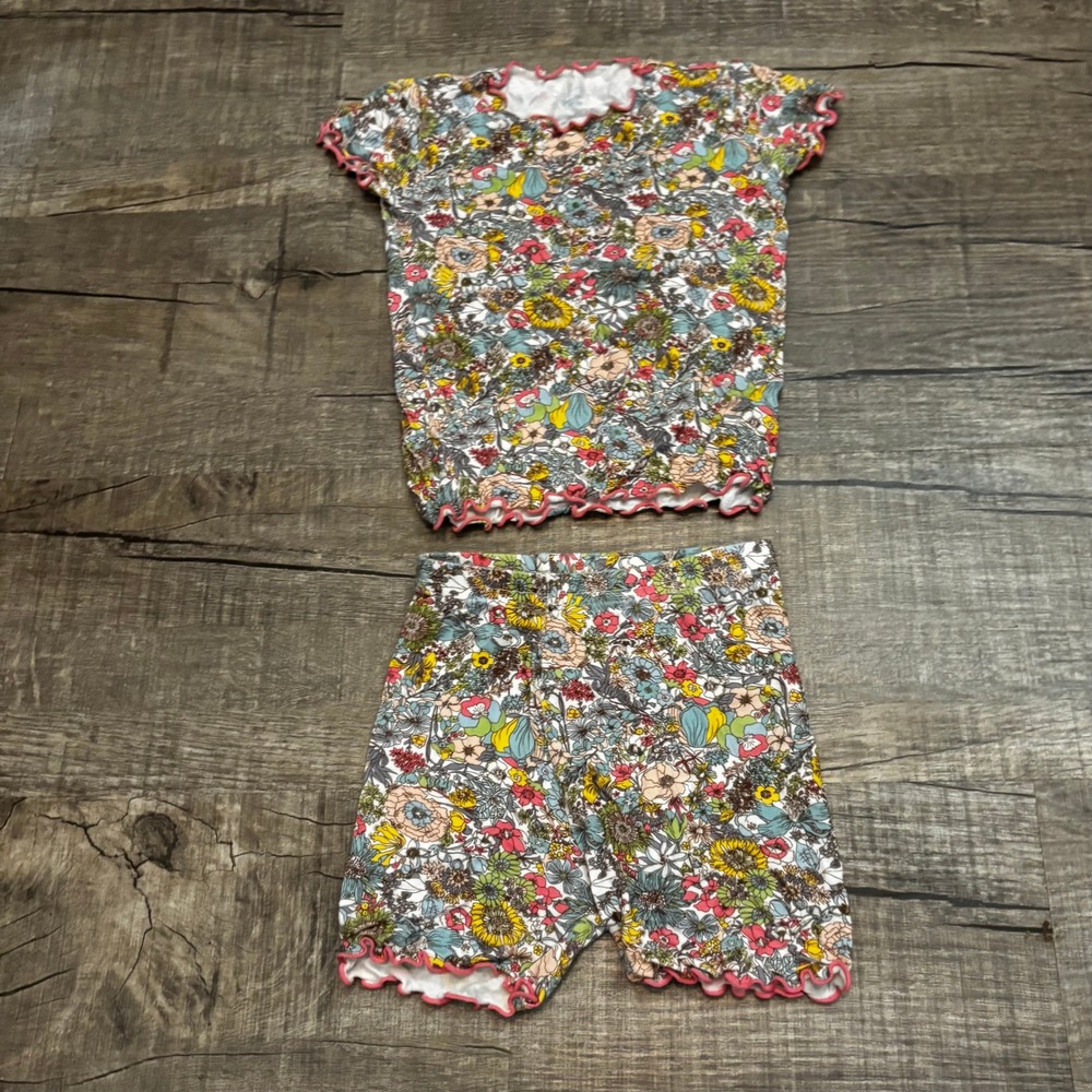 Vacation Birdy Floral Print Ruffle Trim Pajama Set Kids Size 2T‎ Top Shorts